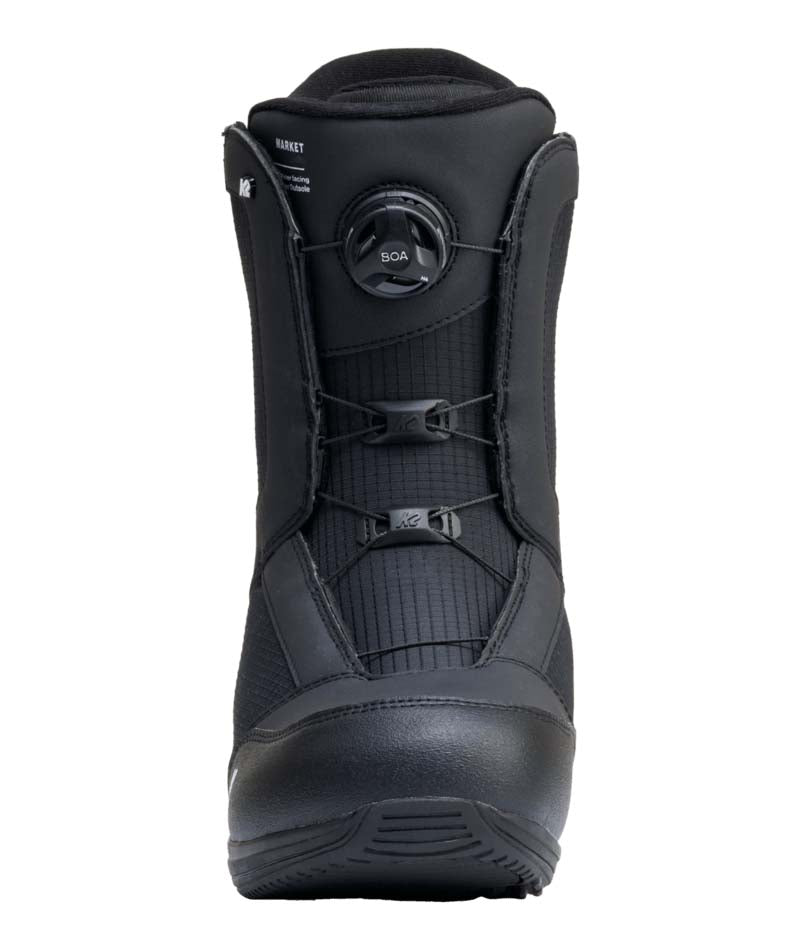 Market- Black snowboard boot on a white background