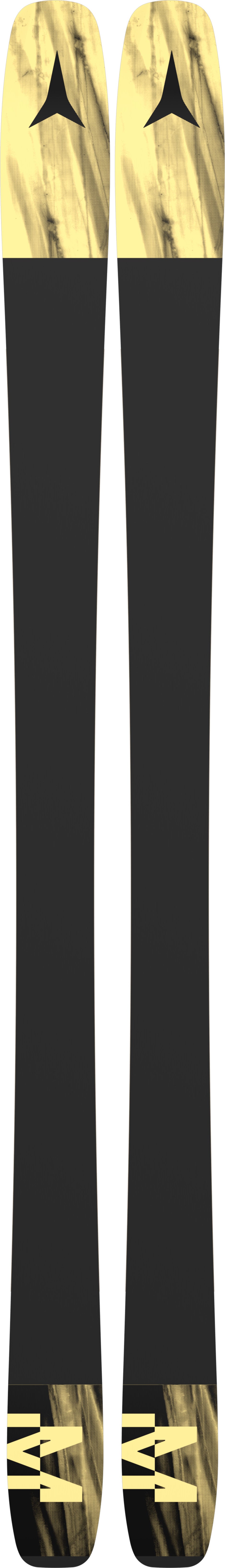 Maverick88CTI-Two black skis with gold bindings on a white background