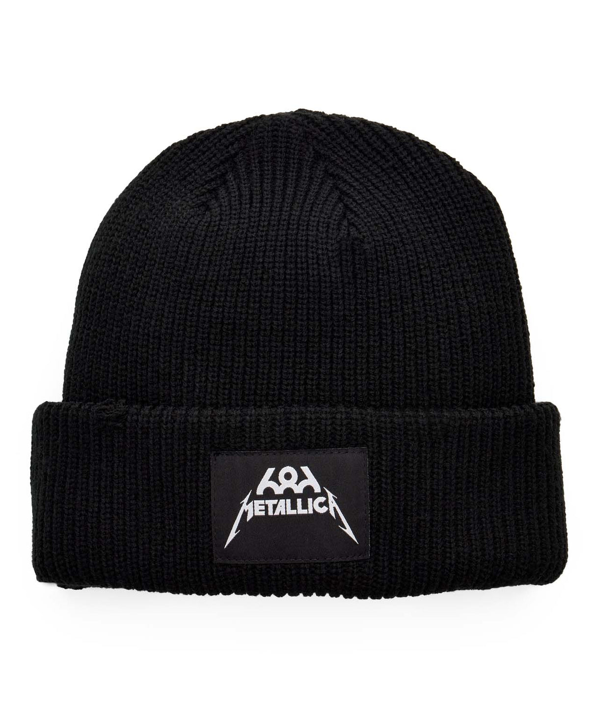 MetallicaCuffBeanie-Black beanie with a 'Metallica' logo on a white background