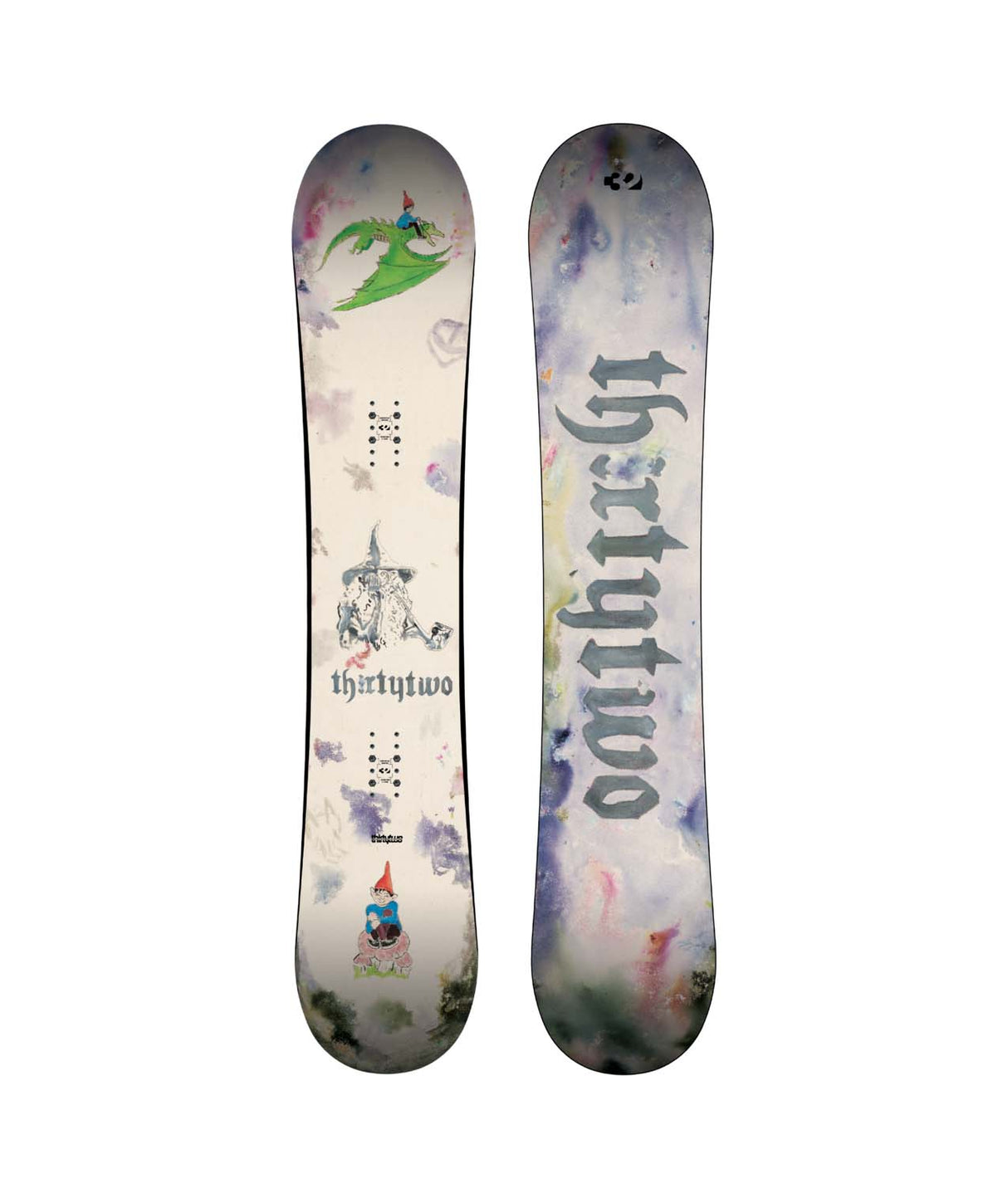 MiddleEarthPro- Two views of a snowboard deck with 'thirtytwo' branding on a white background