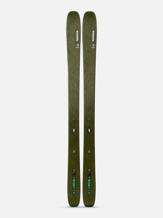 Mindbender106C- A pair of K2 ski tips in olive green, standing vertically against a light gray background.
