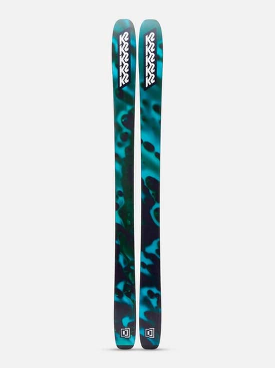 Mindbender106C- Pair of skis with a blue and black design on a white background
