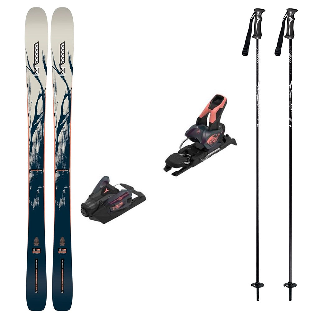 Mindbender88w_Strive12- A ski equipment set on a plain white background, including a pair of skis with blue and white graphics, two black ski bindings, and two black ski poles.