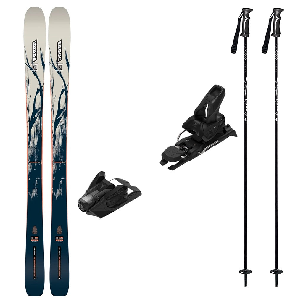 Mindbender88w_Strive12- A ski equipment set on a plain white background, including a pair of skis with blue and white graphics, two black ski bindings, and two black ski poles.