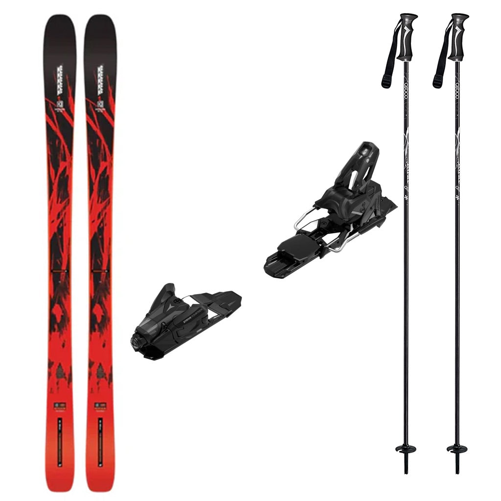 Mindbender88w_Strive14-A ski bundle featuring a pair of red and black K2 alpine skis, black ski bindings, and two black ski poles on a plain white background.