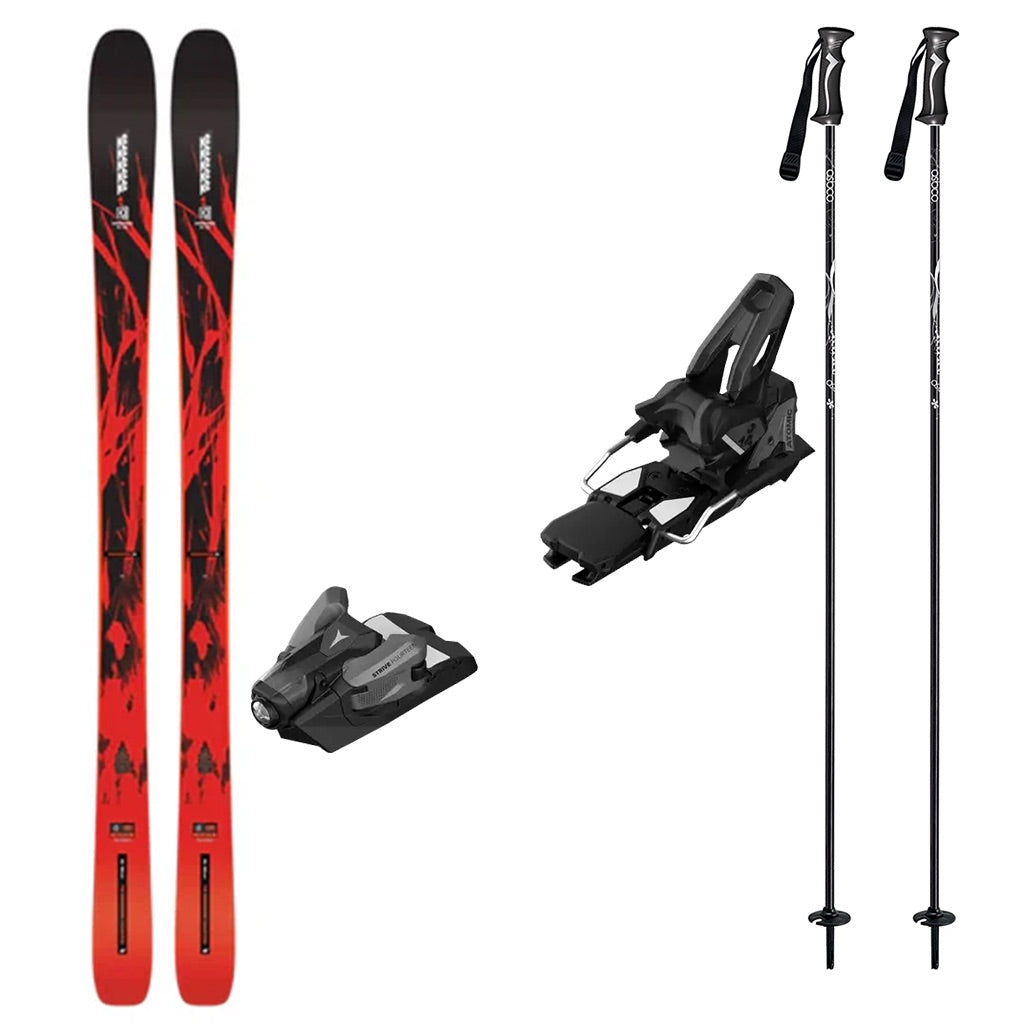Mindbender88w_Strive14-A ski bundle featuring a pair of red and black K2 alpine skis, black and grey ski bindings, and two black ski poles on a plain white background.