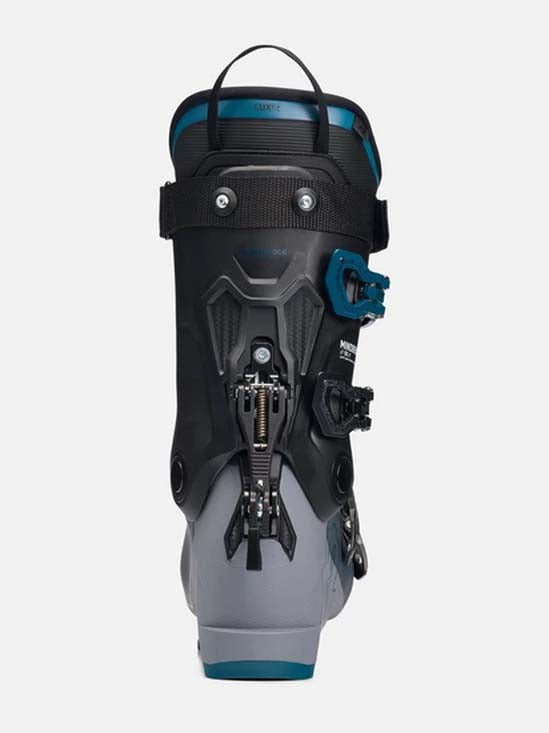 Mindbender90-A single K2 Mindbender ski boot in gray, black, and teal blue, shown from a side profile view against a light gray background.