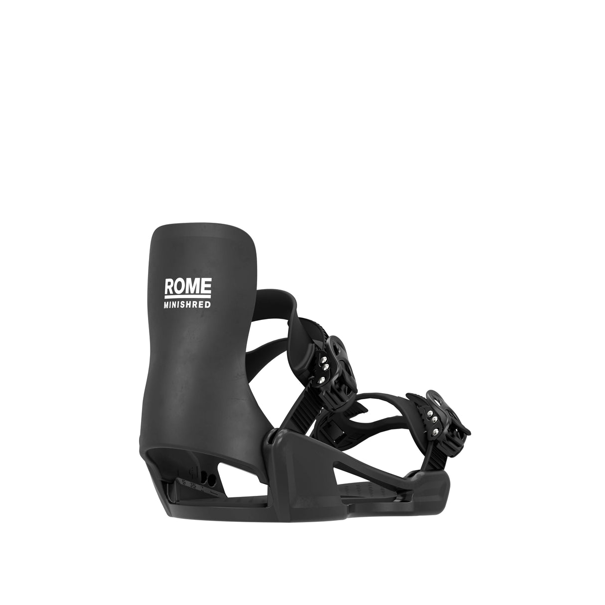 MinishredBindingSmall- Black snowboard binding with 'Rome' branding and two ankle straps on a white background