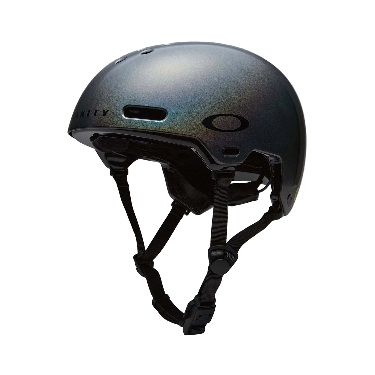 ModPrk-Oakley ski helmet in a dark metallic gray with an iridescent blue-green sheen, featuring black straps and the signature Oakley logo on the side.