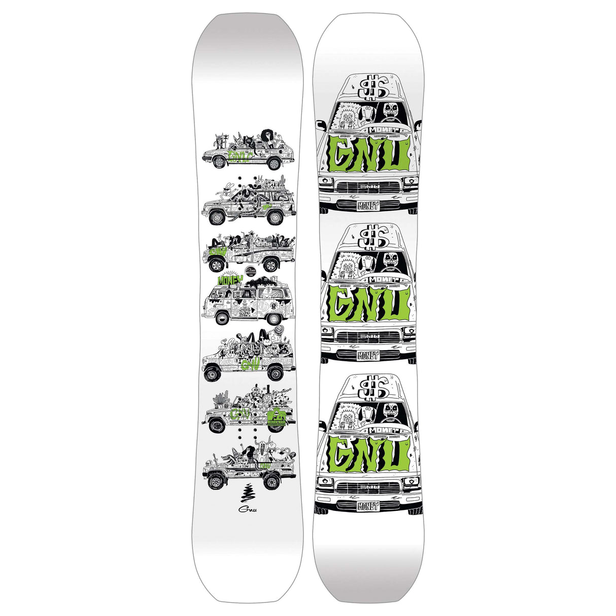 MoneyS- Two views of a snowboard deck with graphic designs on a white background