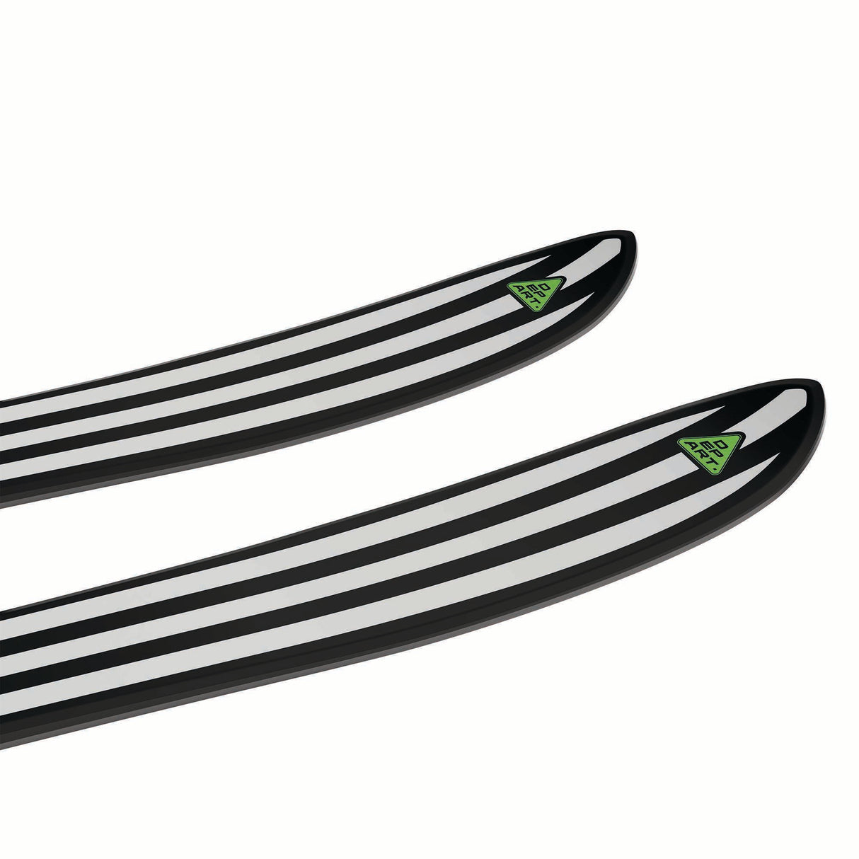 NDEPART01-Two black and white striped skis with green logos on a white background