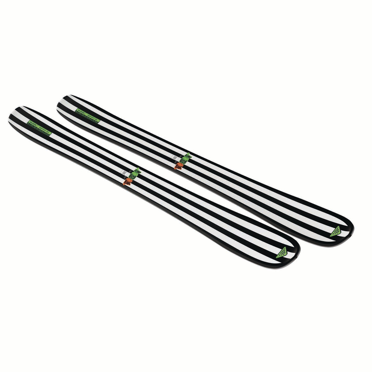 NDEPART01-Two black and white striped skis with green bindings on a white background