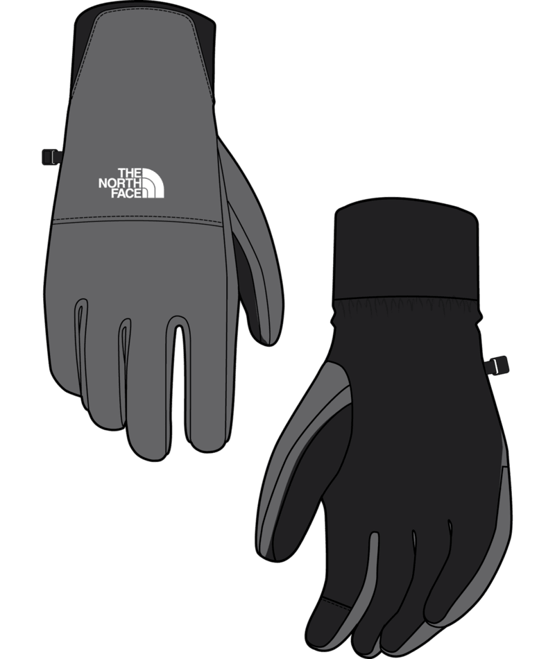 W Shelbe Raschel Etip Glove-Gray and black gloves with The North Face logo on a transparent background