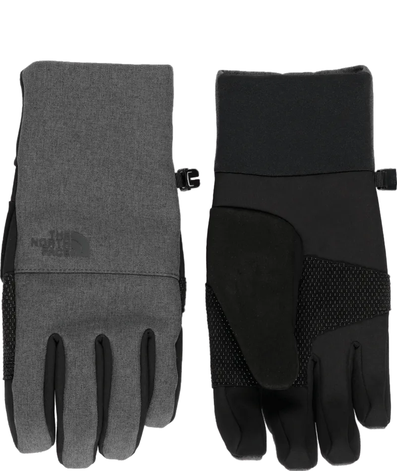 MApexInsulatedEtipGlove-Pair of gray and black gloves with The North Face logo on a white background