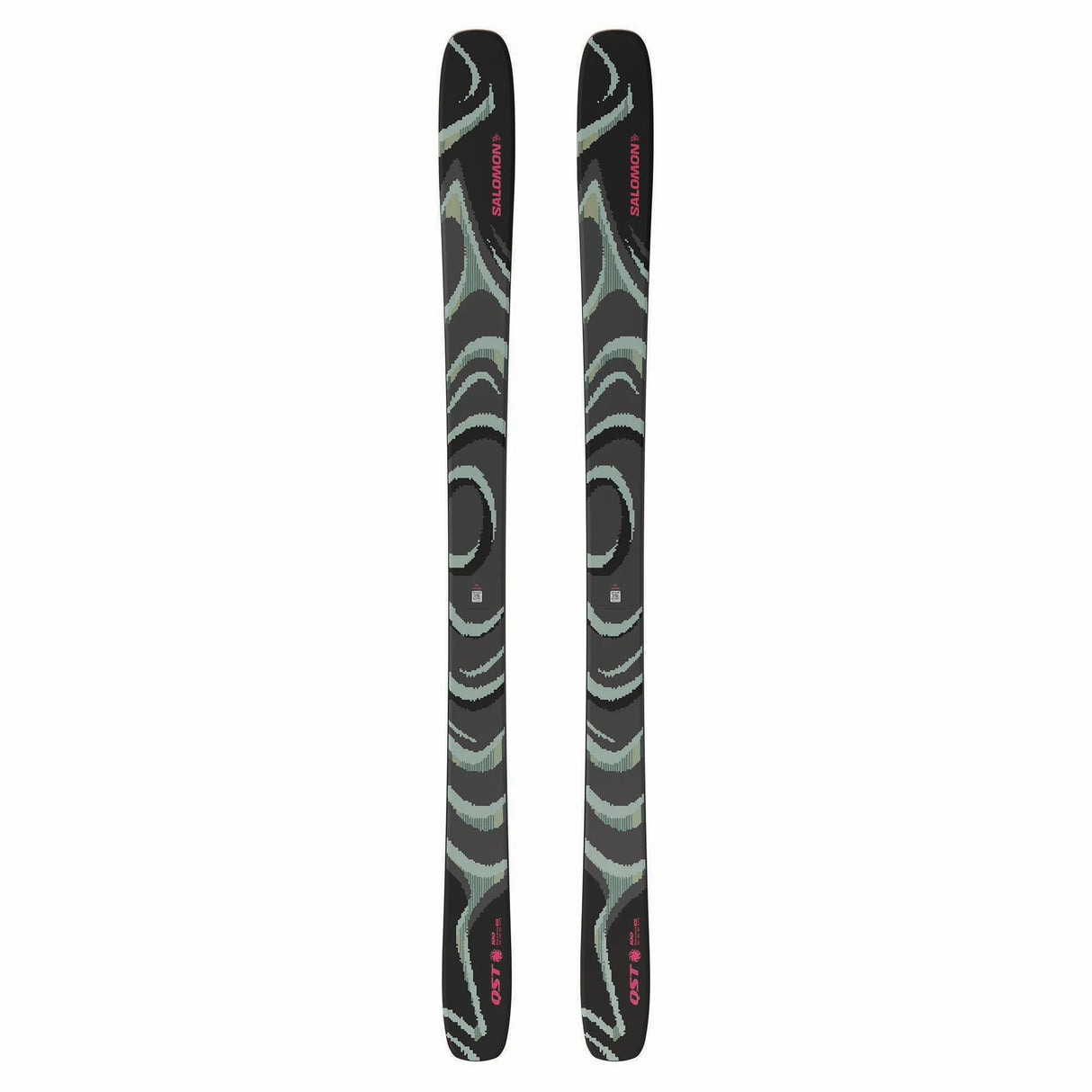 NQST100- Pair of skis with green and black design on a white background
