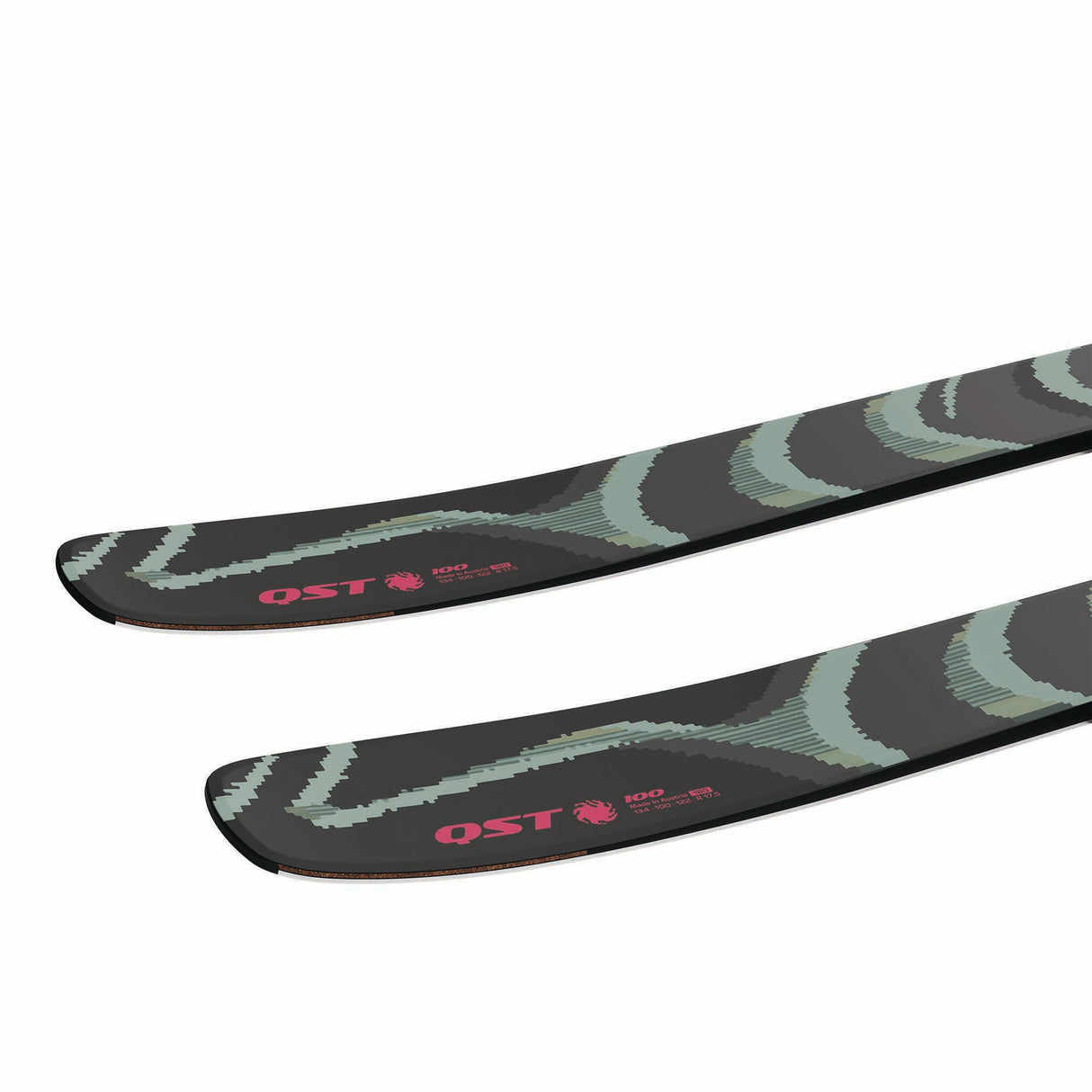 NQST100-Two green and black skis with a pattern on a white background