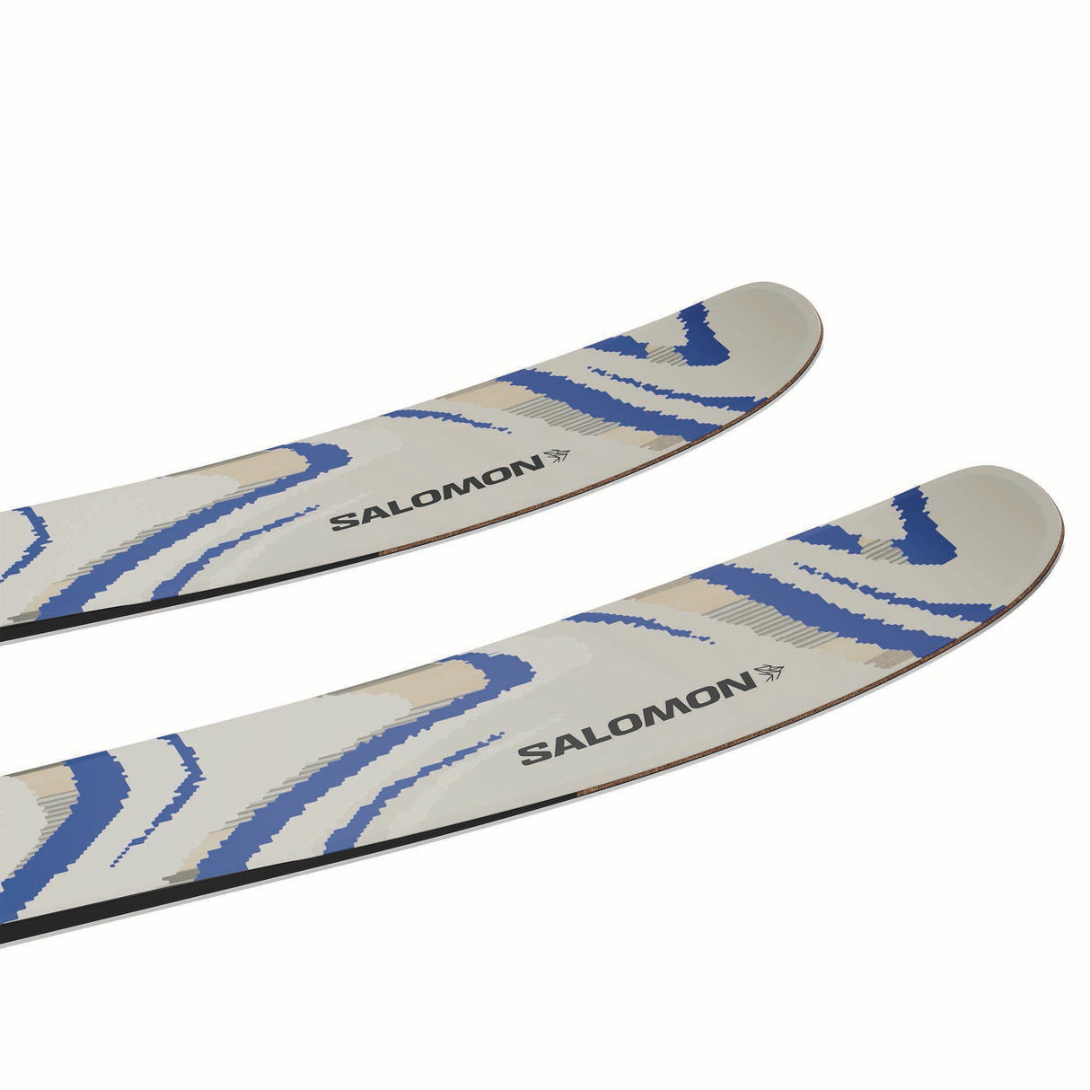 NQST106ALMONDMILK-Two Salomon skis with blue and white design on a white background