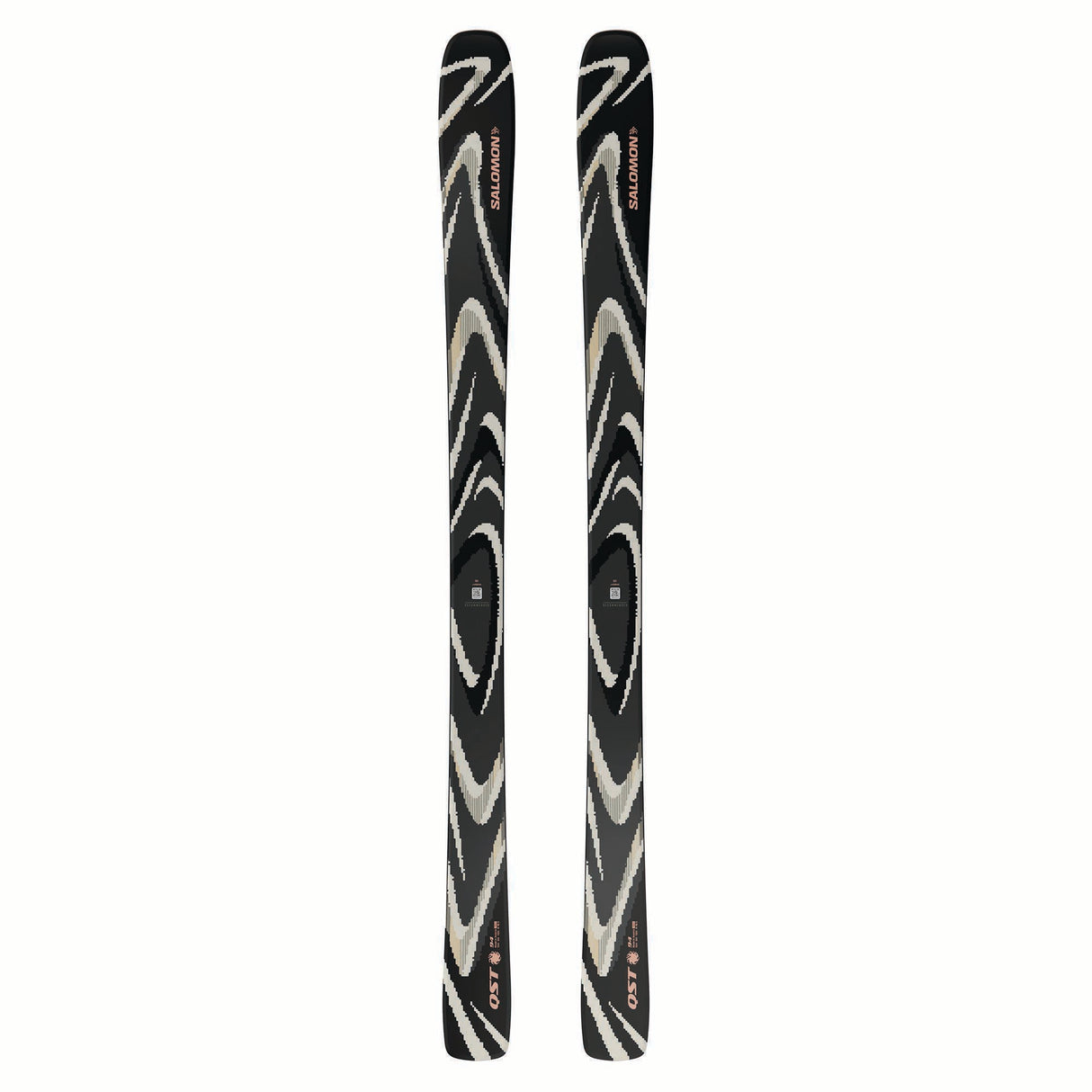 NQST94BLACK-Pair of black and white skis with a brand logo on a white background