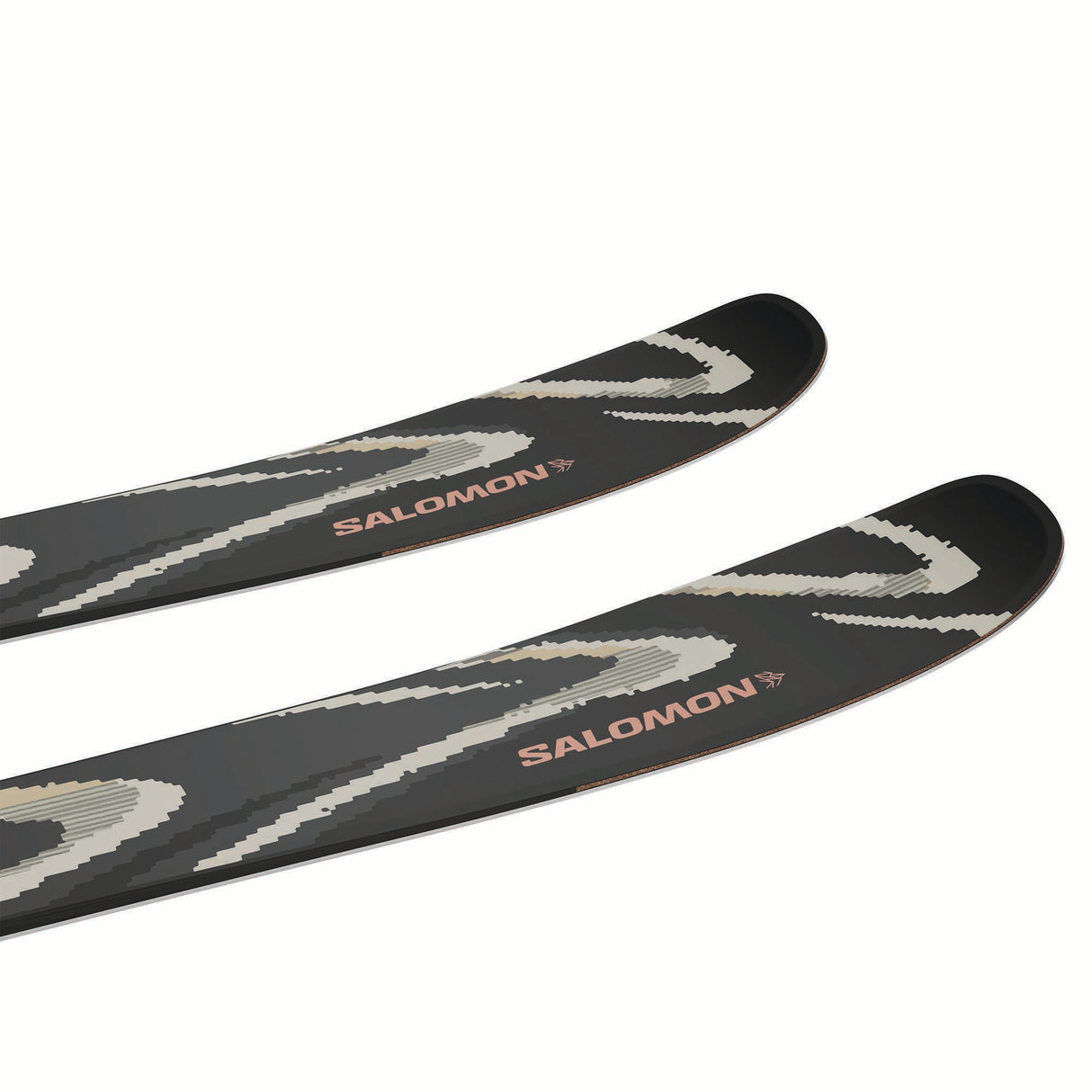 NQST94BLACK-Two black skis with white patterns and 'Salomon' branding on a white background