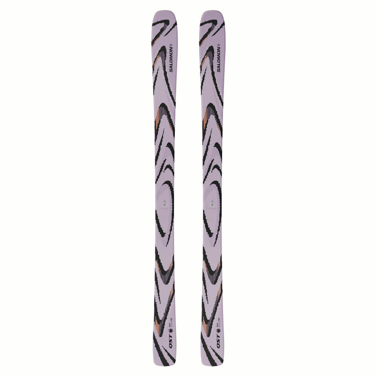 NQST94LILAC-Pair of purple skis with black patterns on a white background