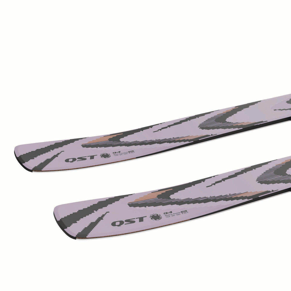 NQST94LILAC-Pair of purple skis with green patterns on a white background