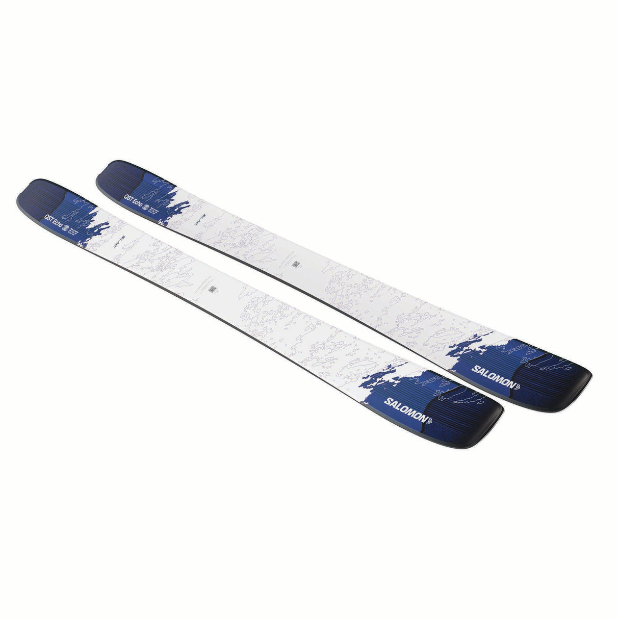 NSLABQSTECHO-Two skis with blue and white design on a white background