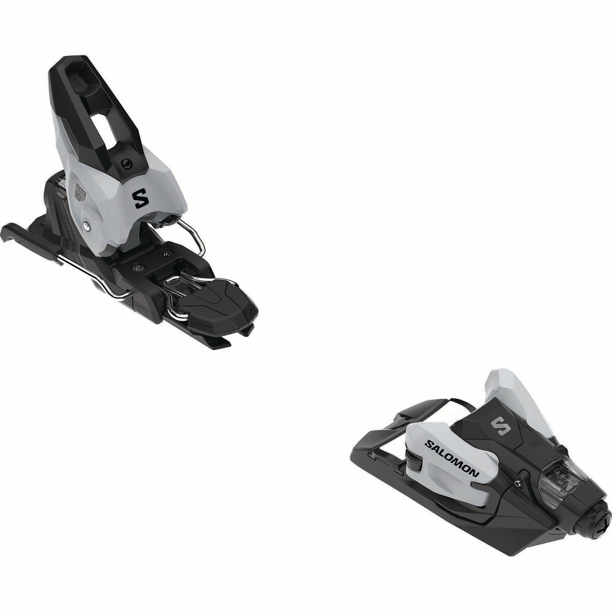 NSTRIVE10GW-Two ski bindings with Salomon branding on a white background