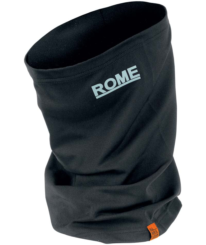 Necktube-Black neck gaiter with 'Rome' logo on a white background