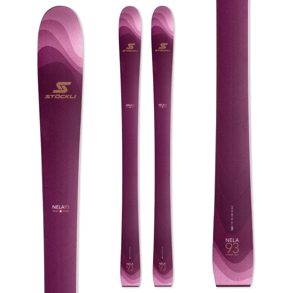 Nela93-Three views of a Stockli Nela 93 ski shown on a plain white background, displaying the front blade, side profile, and rear blade with gold branding and a pink-to-purple gradient design.