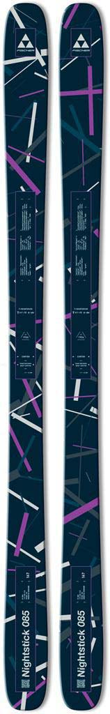 Nightstick86- A pair of skis in a dark navy blue colorway with a geometric pattern of pink, purple, and white lines, featuring the Fischer logo and 'Nightstick 86' text.