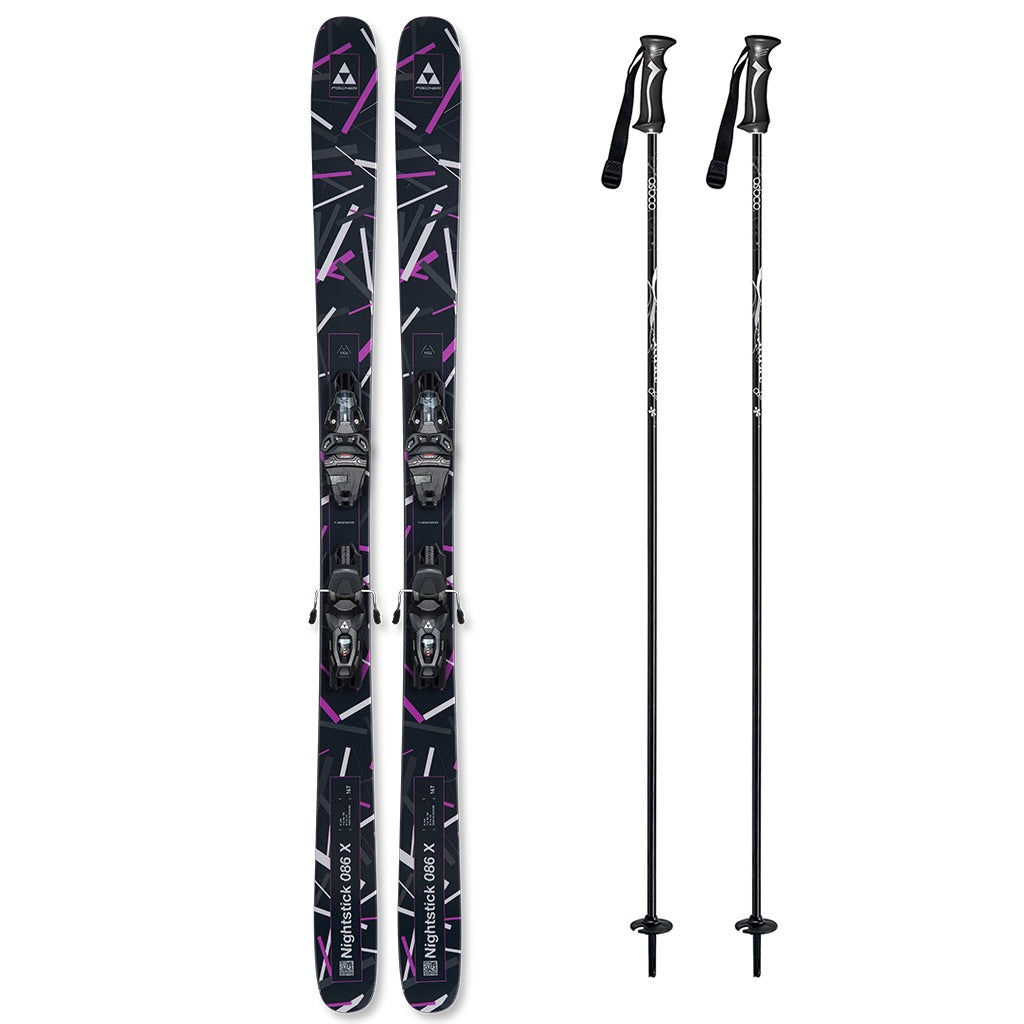 Nightstick86Xw_RSW10System-A pair of black skis with purple and white graphic patterns, shown next to two black ski poles with white graphics, all set against a plain white background.