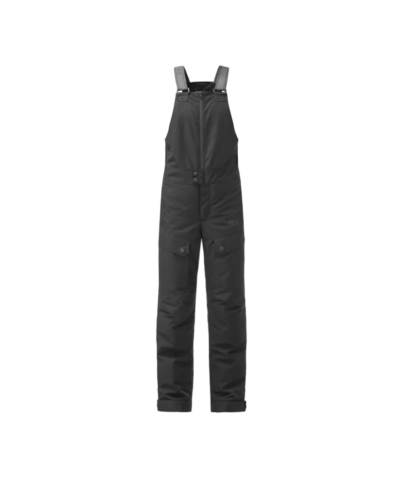 NingeBibPant- Black insulated bib overalls with adjustable shoulder straps, front zipper, and buttoned cargo-style pockets on the legs, shown on a plain white background.