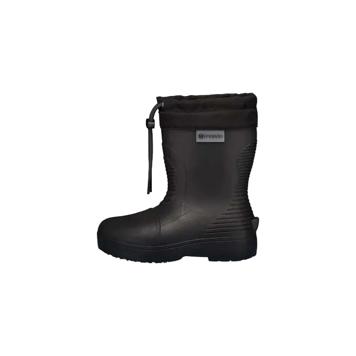 Niseko3.0Kids- Black rubber boot with a brand label on a white background
