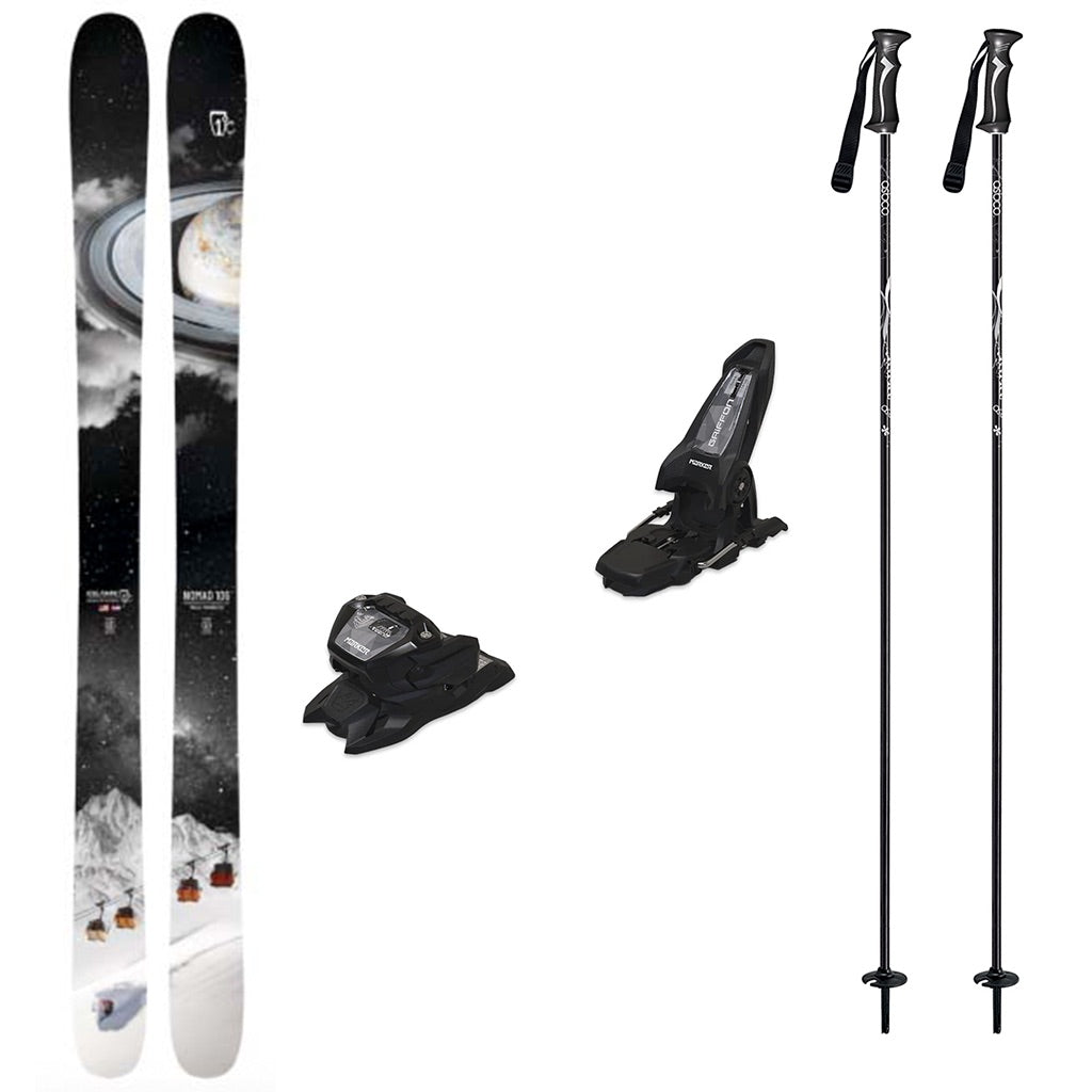 Nomad106w_Griffon13-A ski equipment set on a plain white background, including a pair of skis with a space-themed graphic, two bindings, and two ski poles.