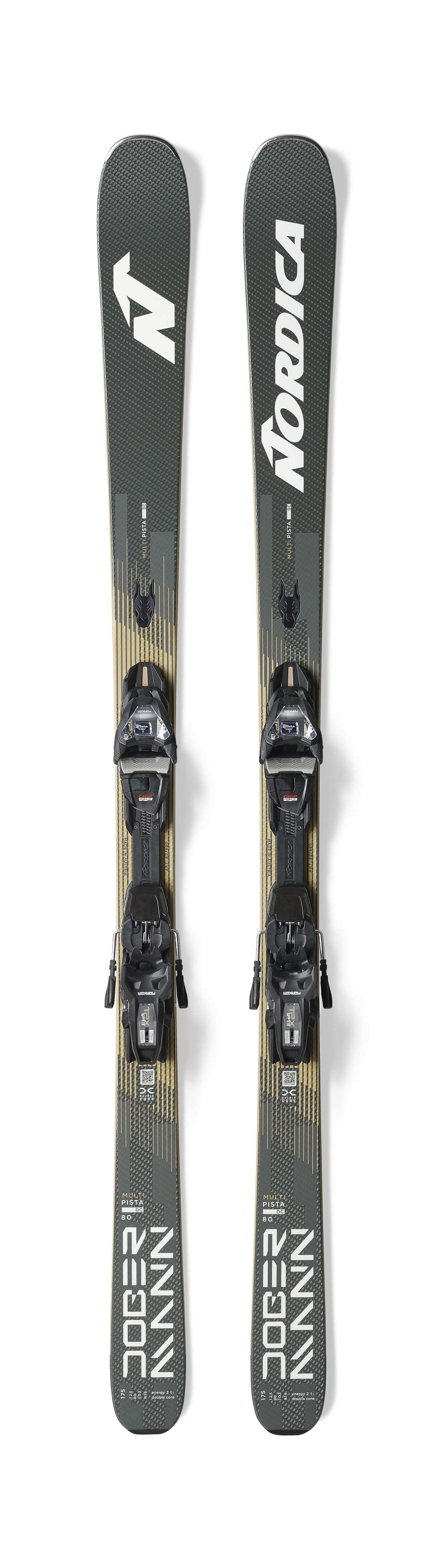 Nordica Dobermann Multipista 80 DC- Two Nordica skis with bindings on a white background