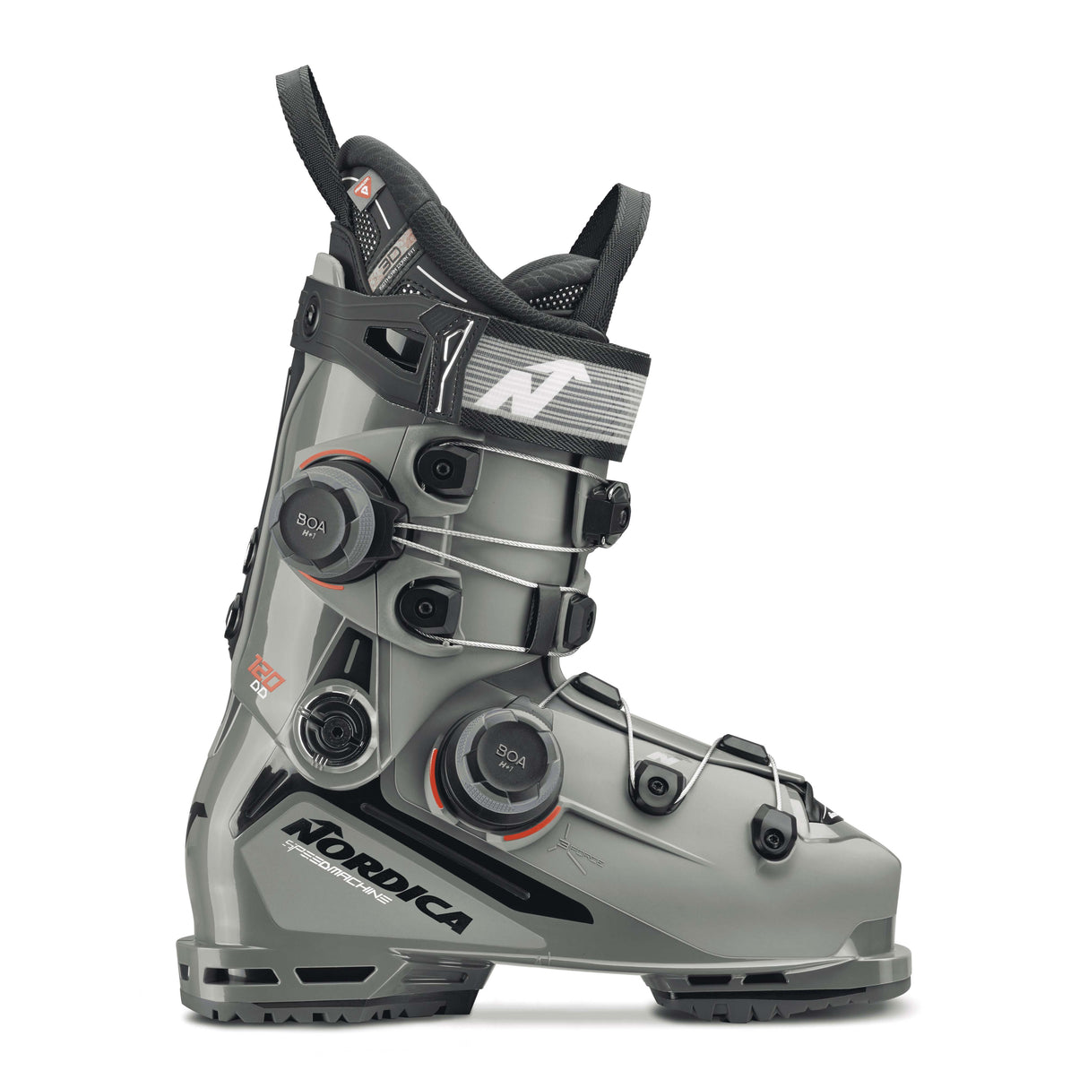 Nordica Speedmachine 3 120 BOA DD-Gray ski boot with black and orange accents on a white background
