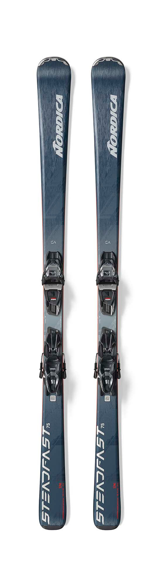 Nordica Steadfast 75 CA- Two blue skis with bindings on a white background
