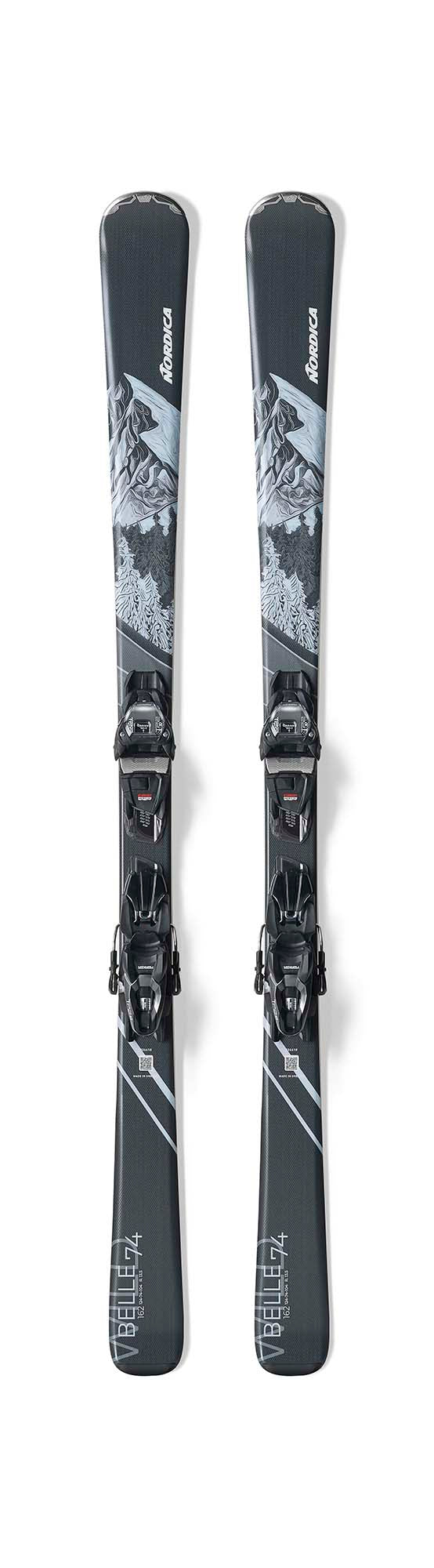 Nordica Wild Belle 74-Pair of skis with bindings on a white background