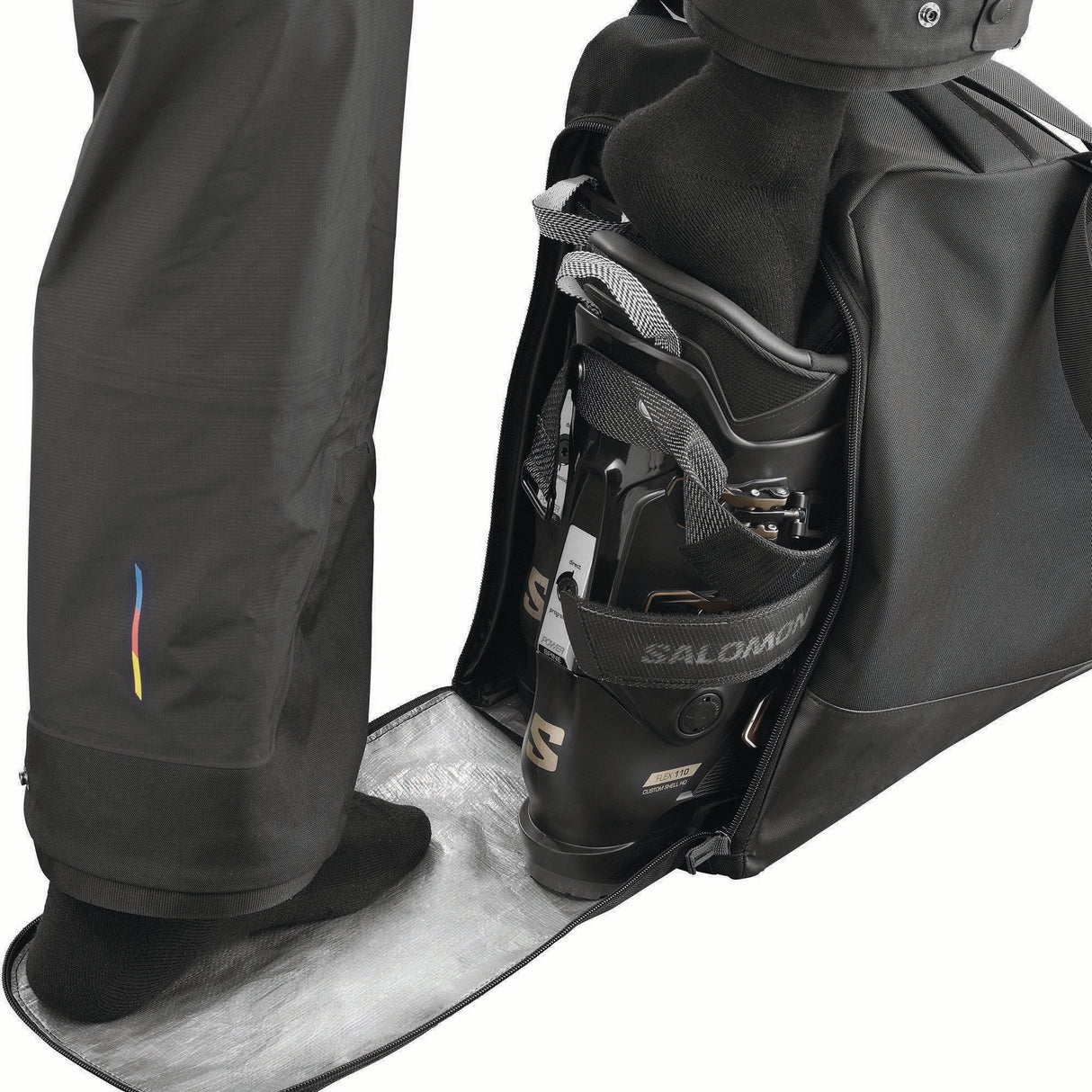 ORIGINALGEARBAG-Black ski boot bag with Salomon branding on a white background