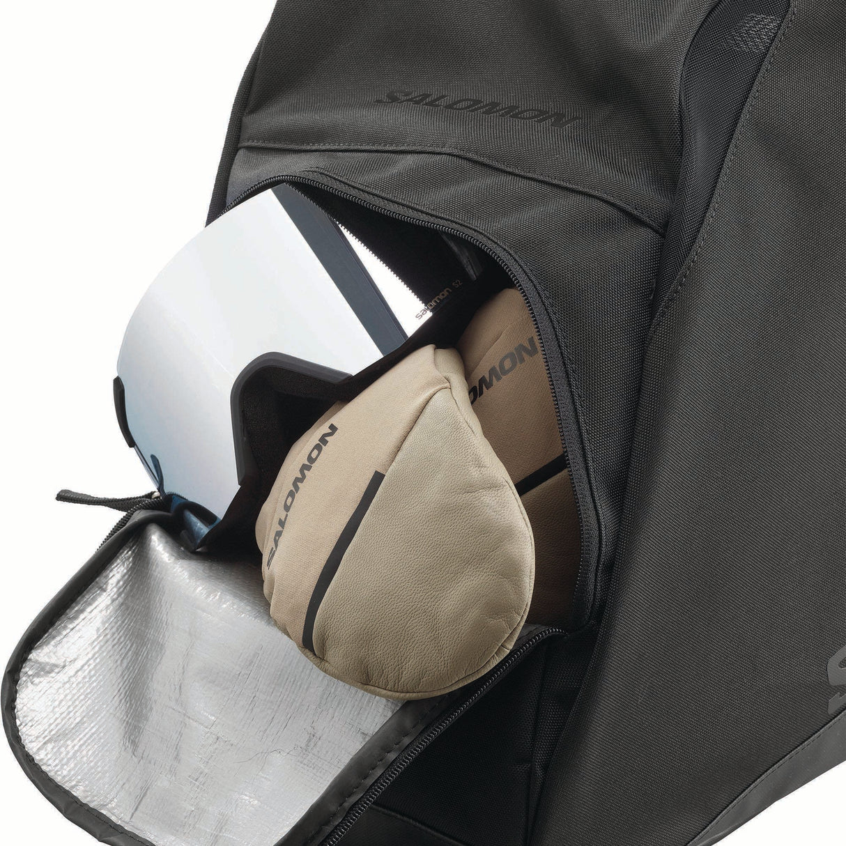 ORIGINALGEARBAG-Black ski boot bag with Salomon branding on a white background