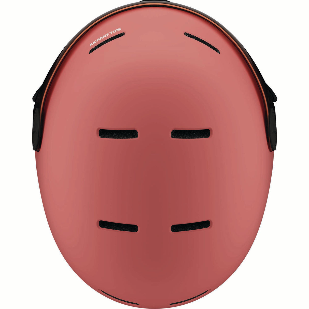 ORKAVISOR- A pink ski helmet with a black chin strap and a large black visor featuring an orange-tinted lens, shown against a plain white background.