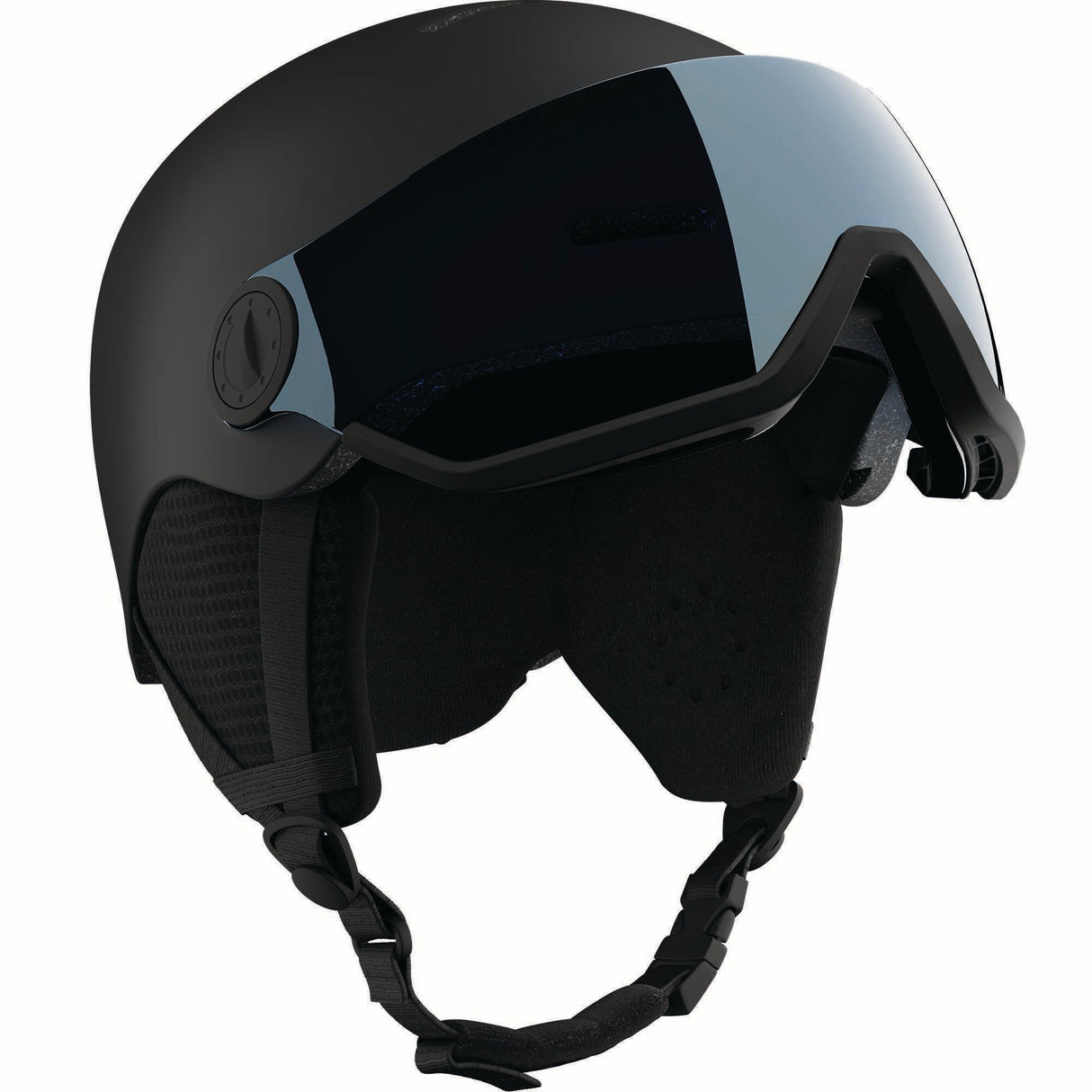 ORKAVISOR- Black helmet with a blue visor on a white background