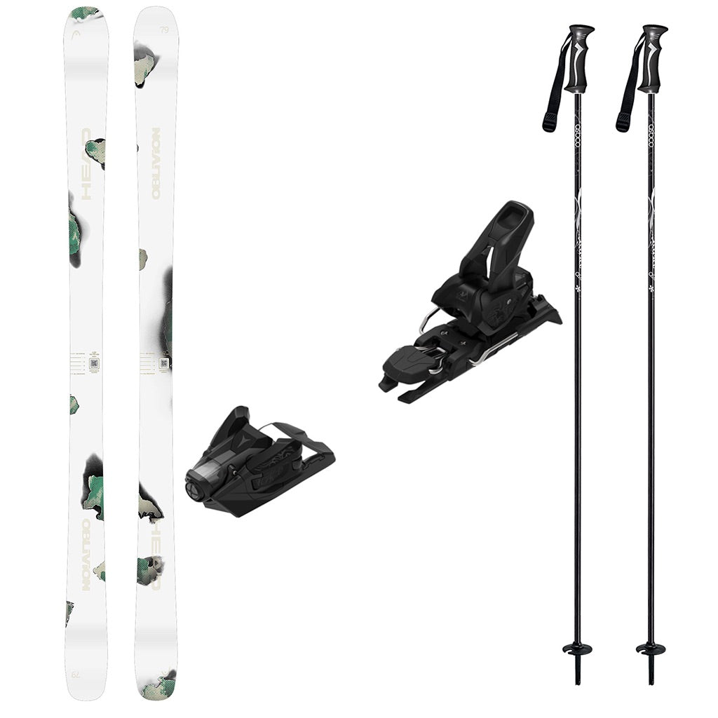 Oblivion79w_Strive12-A ski equipment set on a plain white background, including a pair of white skis with dark abstract graphics, two black ski bindings, and two black ski poles with silver handles.