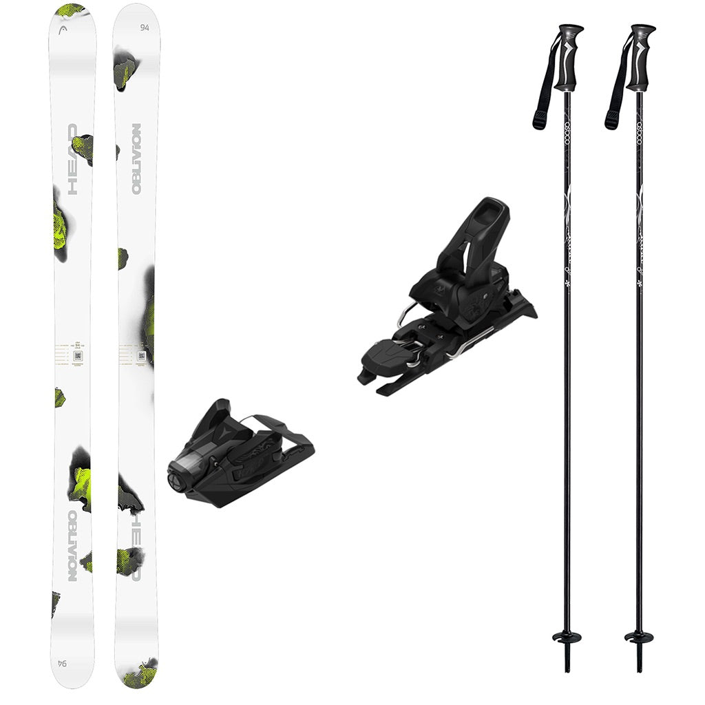 Oblivion94w_Strive12-A ski equipment set on a plain white background, including a pair of white skis with black and lime green graphics, black ski bindings, and two black ski poles with silver handles.