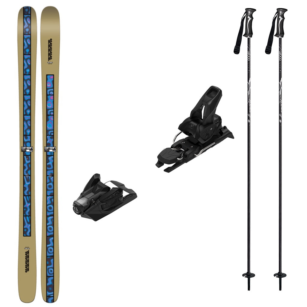 Omen90w_Strive12-A ski equipment set on a plain white background, including a pair of beige and blue skis, two black ski bindings, and two black ski poles with white branding.