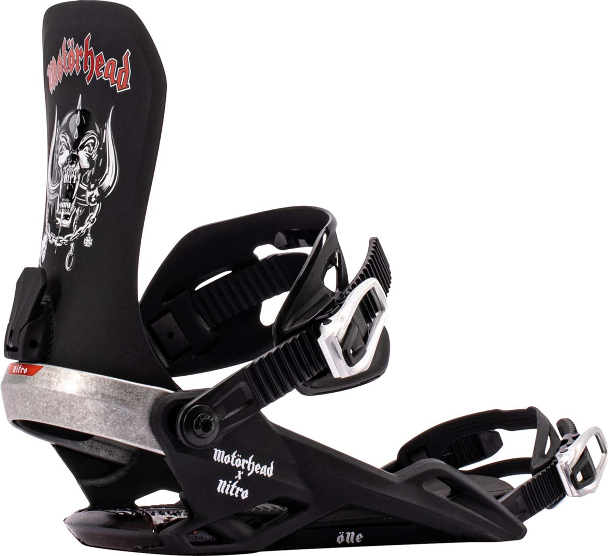 One-Black snowboard binding with Motorhead logo on a white background