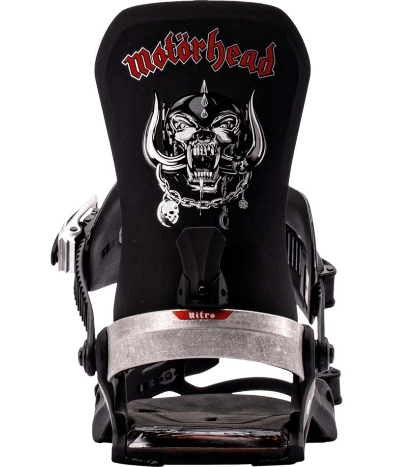 One-Black snowboard binding with Motorhead logo on a white background