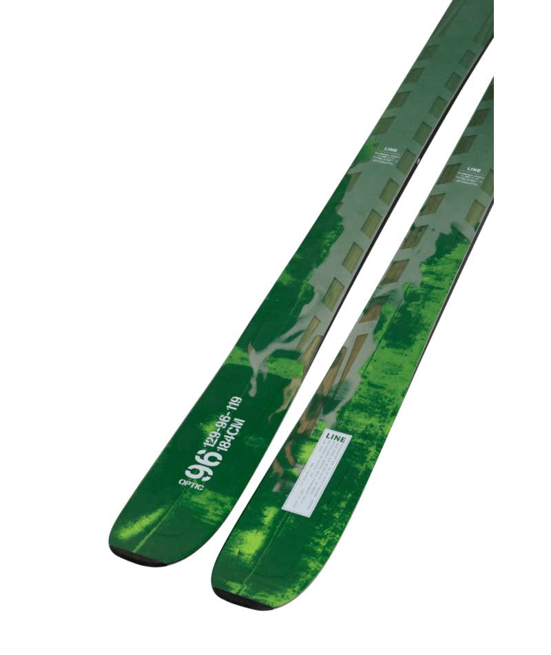 Optic96- Two green skis with camouflage pattern on a white background