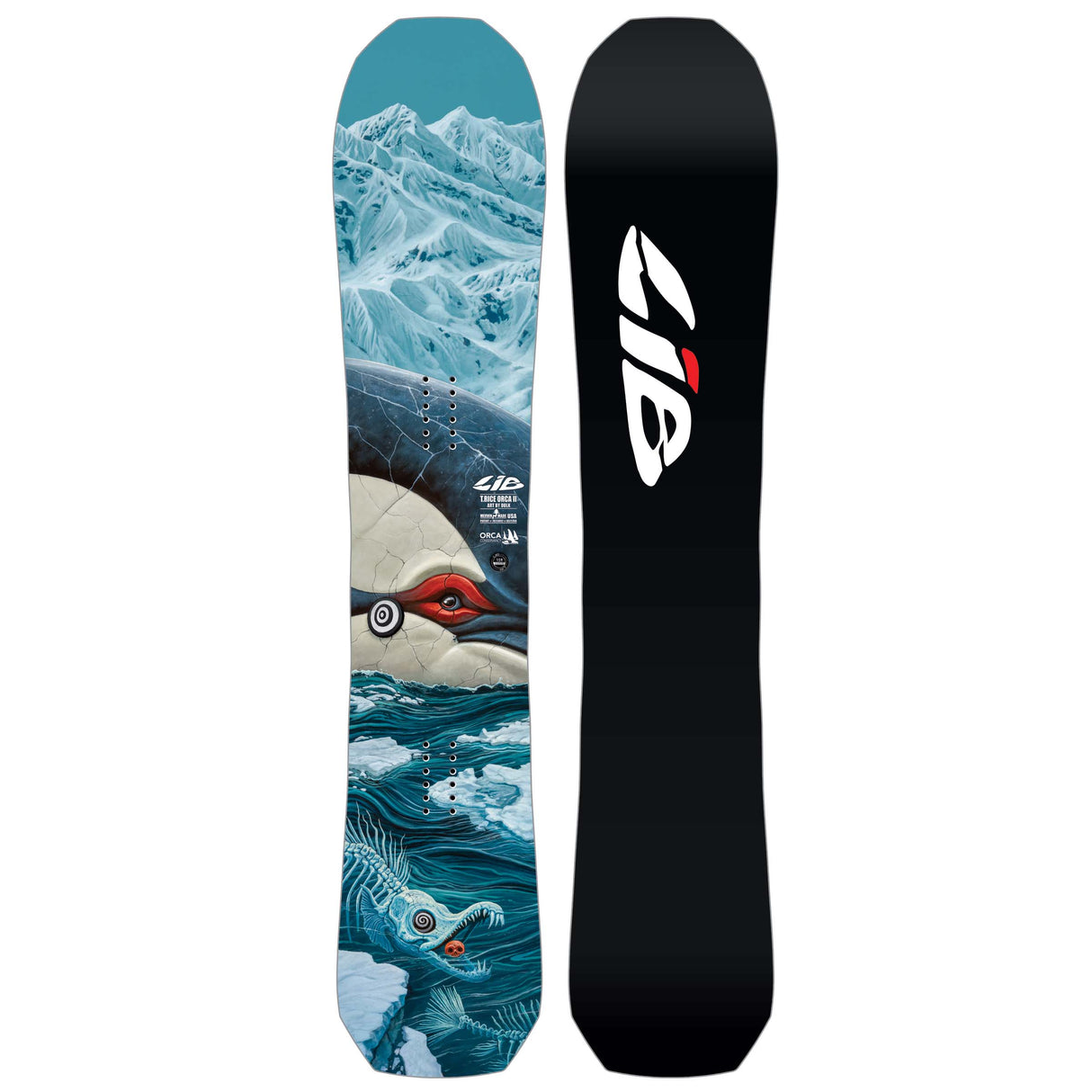 OrcaII- Two views of a snowboard with an orca design, featuring the Lib logo.