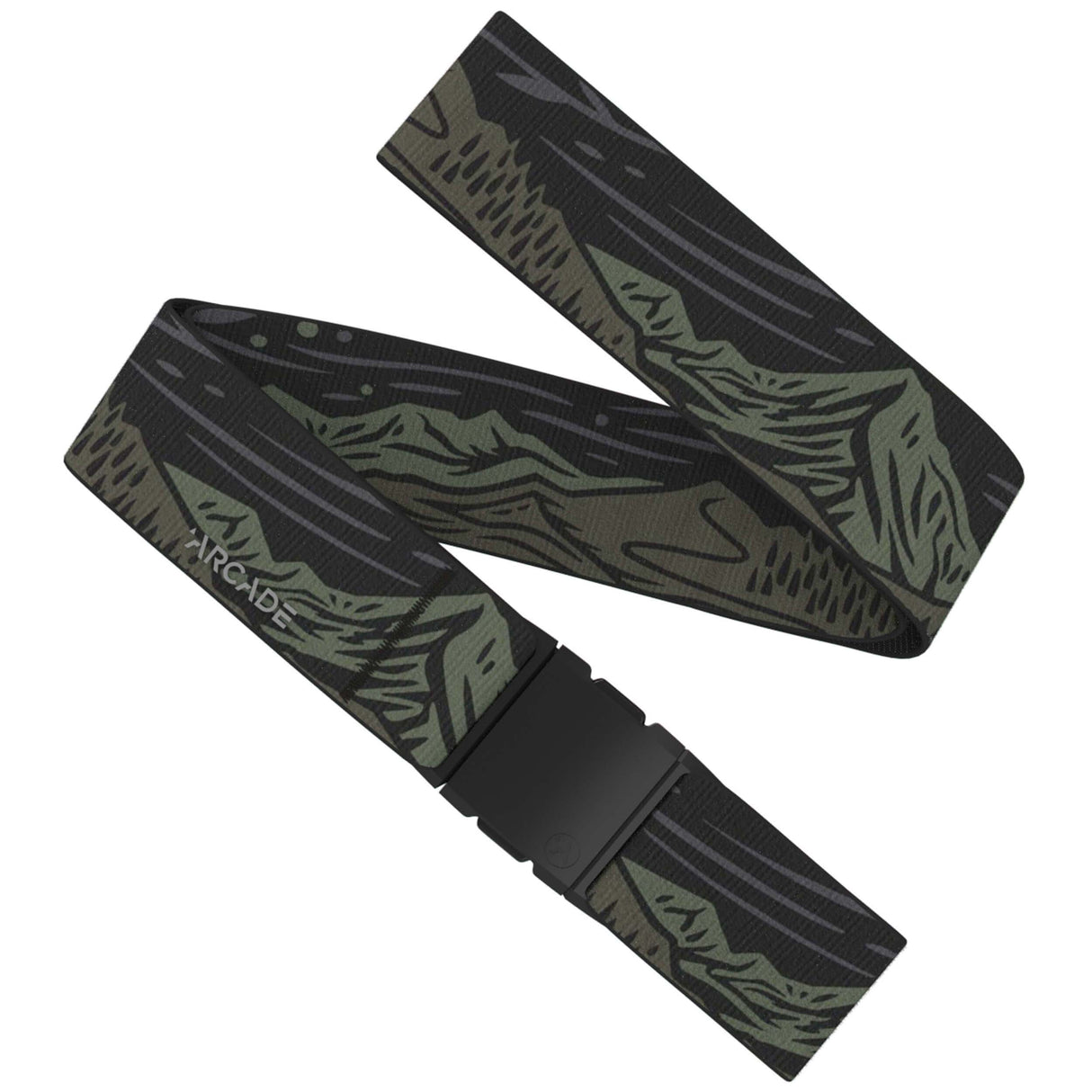 OutofRange-Black and green patterned belt with a visible brand name on a white background